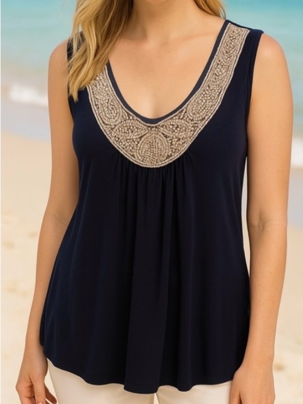 Saint Tropez West Top Sz L Black, Pearls Beaded Neckline Made In USA